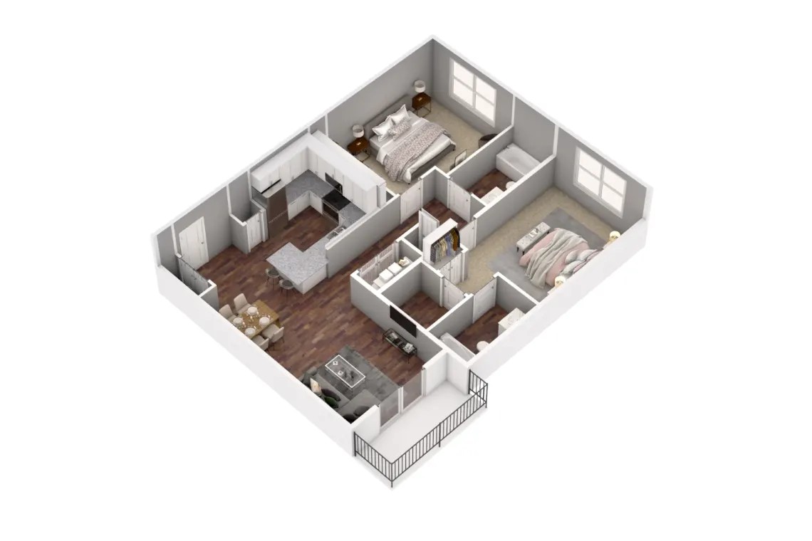 Floor plan for 2 beds, 2 baths, 1128 sqft